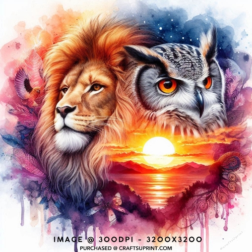 Watercolour Lion and Owl Sunset Fantasy Mystical Card Front