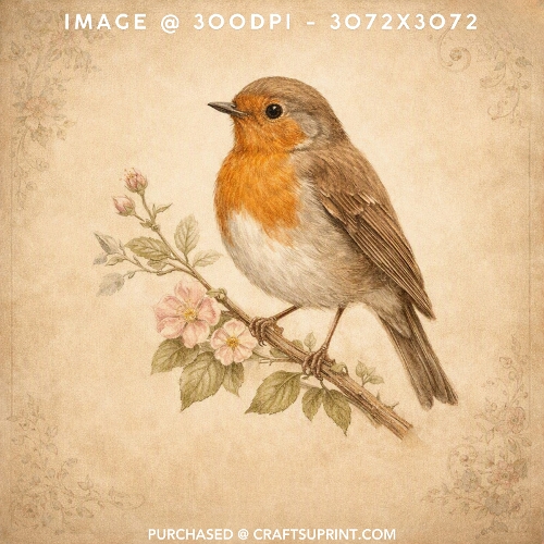 Vintage Watercolour European Robin on Wild Rose Branch