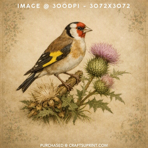 Vintage Watercolour Goldfinch on Thistle Branch