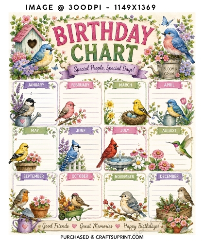 Charming Garden Birds 12-Month Perpetual Birthday Chart Printable