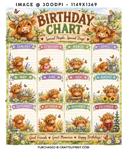 Charming Highland Cows 12-Month Perpetual Birthday Chart Printable