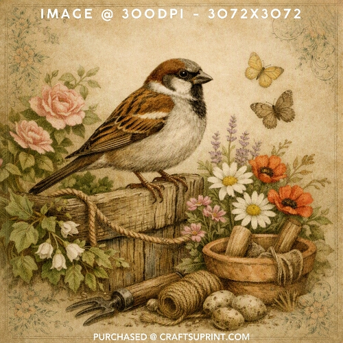 Vintage Watercolour House Sparrow in Secret Garden with Roses