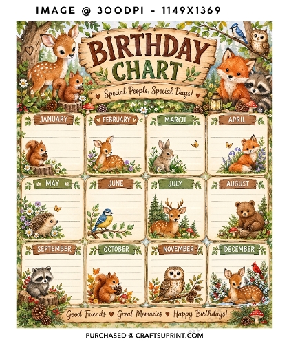 Charming Woodland Animals 12-Month Perpetual Birthday Chart Printable