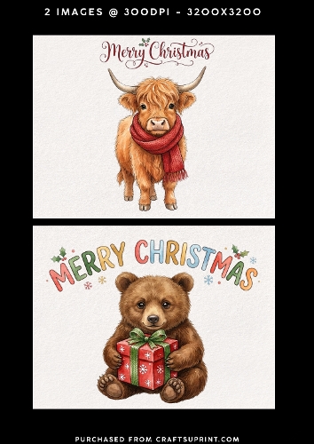 Cute Christmas Highland Cow and Teddy Bear – 2 Printable Holiday Card Fronts