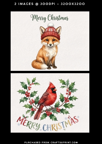 Cute Christmas Fox and Cardinal Bird – 2 Printable Holiday Card Fronts
