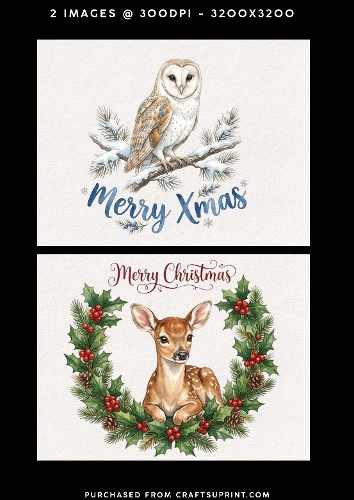 Cute Christmas owl and deer – 2 Printable Holiday Card Fronts