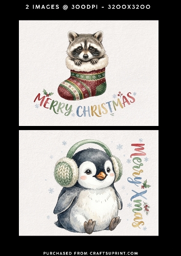 Cute Christmas penguin and raccoon – 2 Printable Holiday Card Fronts