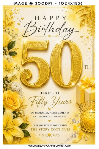 Elegant Gold 50th Birthday Yellow Roses and Candle Milestone Card Front
