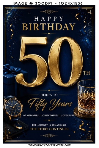 Luxury Navy and Gold 50th Birthday Watch and Whiskey Male Card Front