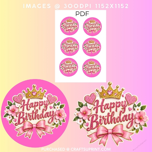 Pink Glitter Princess Crown Happy Birthday Round Cake Topper Printable