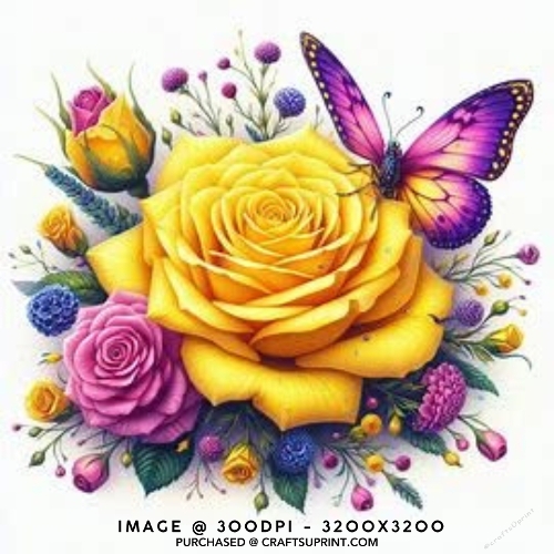 Vibrant Yellow and Pink Roses with Purple Butterfly Floral Card Front