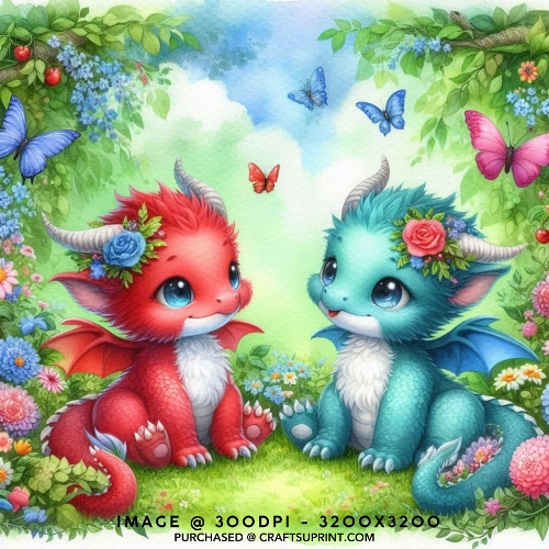Cute Red and Blue Baby Dragons in Secret Garden Floral Card Front