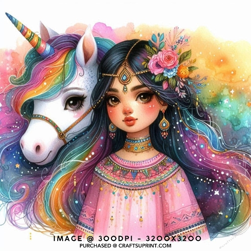 Boho Fantasy Princess and Rainbow Mane Unicorn Watercolour Card Front