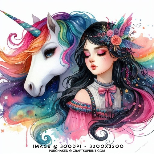 Magical Rainbow Unicorn and Sleeping Fantasy Princess Watercolour Card Front