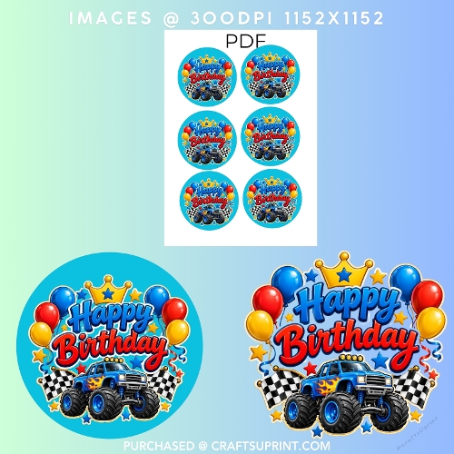 Monster Truck Happy Birthday Round Cake Topper