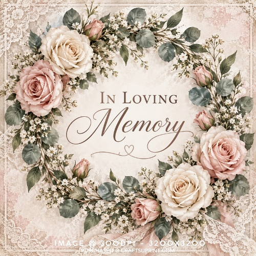 In Loving Memory Shabby Chic Rose Wreath Sympathy Card Background