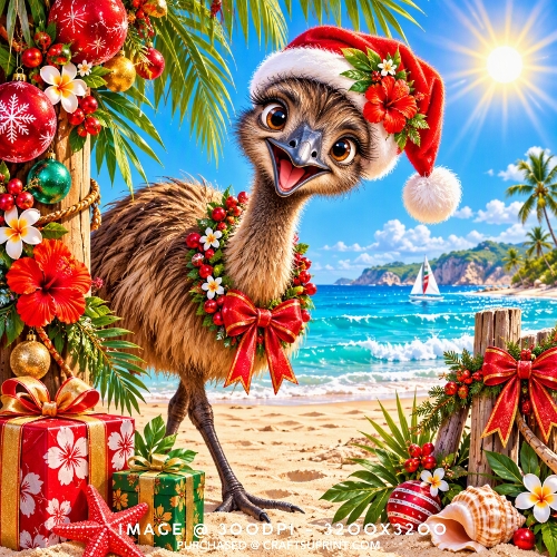 Tropical Christmas Cute Emu Beach Card Topper Background