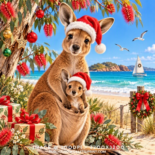 Tropical Christmas Cute Kangaroo and Joey Beach Card Topper Background