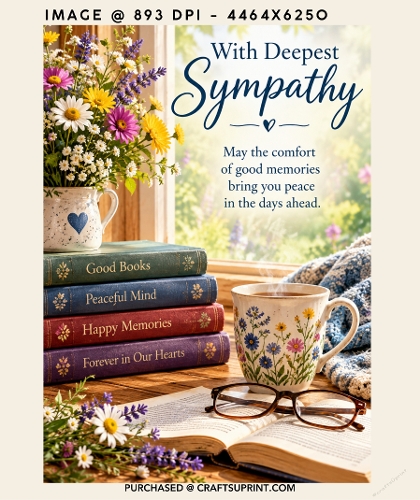 With Deepest Sympathy Books Coffee Mug and Reading Glasses Card Background