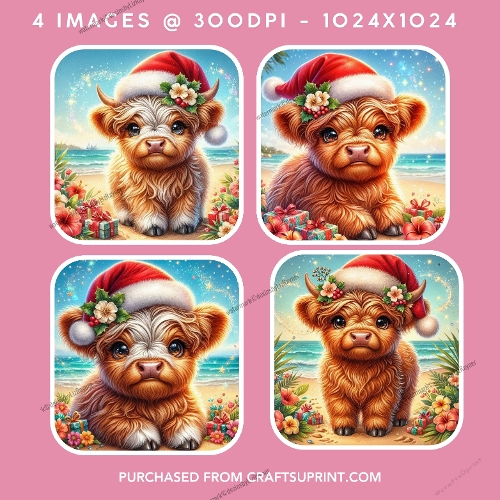 Tropical Christmas Cute Highland Cow Beach Card Toppers
