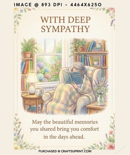 With Deep Sympathy Reading in Armchair Cozy Library Card Background