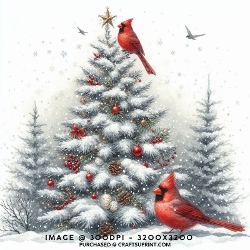 Christmas Tree and Cardinals Snowy Winter
