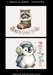 Cute Christmas penguin and raccoon – 2 Printable Holiday Card Fronts