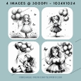 Black and White Image of Girl Holding Balloons
