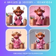 Whimsical Highland Cow in Pink Bathrobe with Coffee (Set 2)