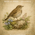 Vintage Watercolour Song Thrush on Mossy Rock with Bluebells