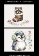 Cute Christmas penguin and raccoon – 2 Printable Holiday Card Fronts