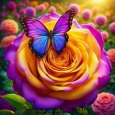 Stunning Yellow and Magenta Rainbow Rose with Vibrant Blue Butterfly Card Front