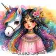 Boho Fantasy Princess and Rainbow Mane Unicorn Watercolour Card Front