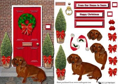 Dachshund Dog Christmas Door Step Scene