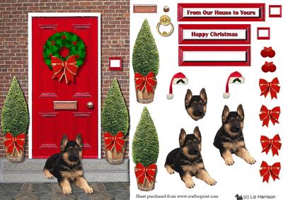 German Shepherd Puppy Christmas Door Step Scene