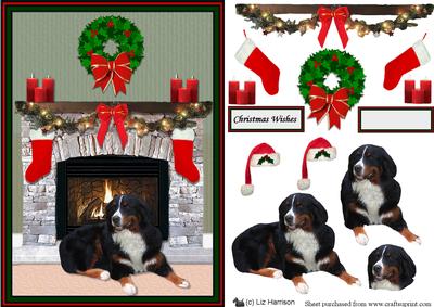 Bernese Mountain Dog Christmas Fireplace 3D Decoupage