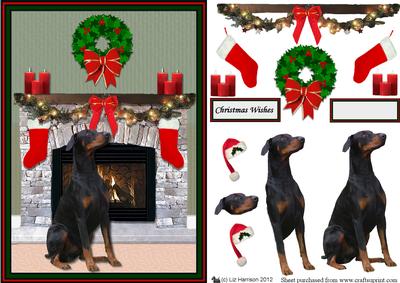 Doberman Christmas Fireplaace 3D Decoupage