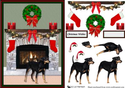 German Pinscher Christmas Fireplace 3D Decoupage