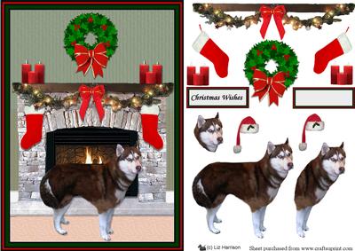 Siberian Husky Christmas Fireplace 3D Decoupage