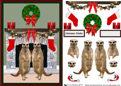 Meerkat Couple Christmas Fireplace 3D Decoupage