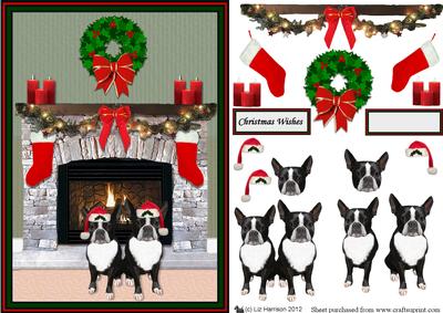 Boston Terriers Christmas Fireplace 3D Decoupage