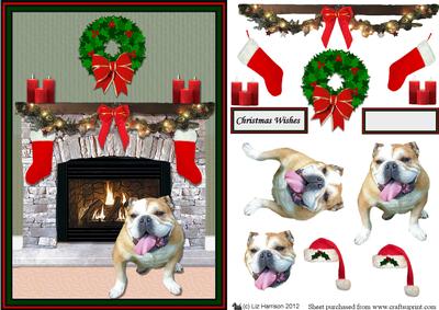 Bulldog Christmas Fireplace 3D Decoupage