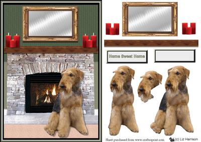 Airedale Terrier Fireplace Scene 3D Decoupage