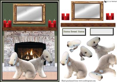 Bedlington Terriers Fireplace Scene 3D Decoupage