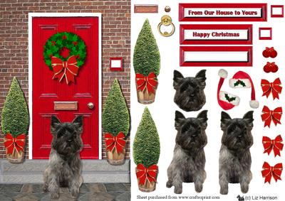 Cairn Terrier,dark, Christmas Door Scene