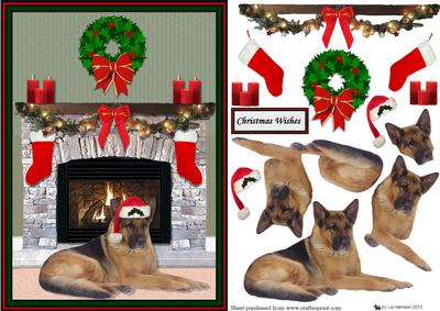 German Shepherd Christmas Fire Place Scene