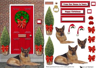 German Shepherd Christmas Door Step Scene