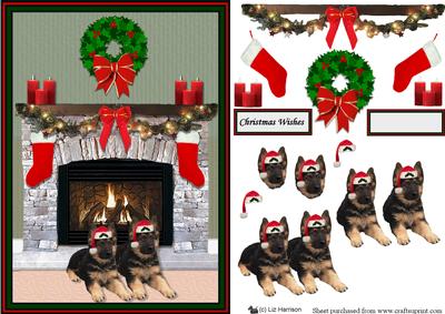 German Shepherd Puppies Christmas Fire Place Scene