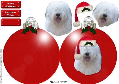 Old English Sheepdog Red Christmas Bauble 3D Decoupage