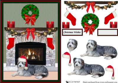 Bearded Collie Christmas Fire Place Scene
